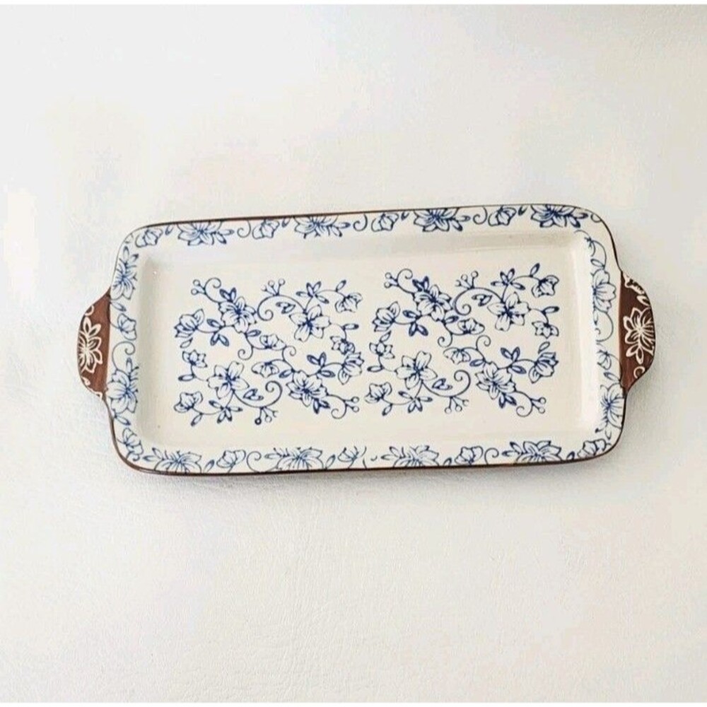 TempTations by Tara Blue Floral Lace Pattern Serving Tray 4.75" By 10"